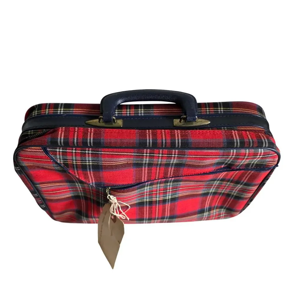 Vintage Red Plaid Travel Suitcase Carry On Luggage Train Case Locking